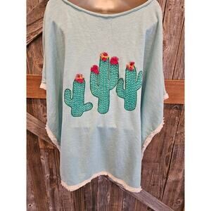 Judith March Cactus Embroidered Patch Poncho Batwing Sweater Light Green Size S^